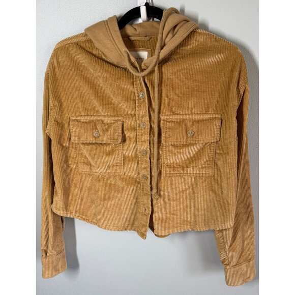 NWT American Eagle Women Cropped Corduroy Button Up XS Camel Hooded Fall Winter - Picture 1 of 13